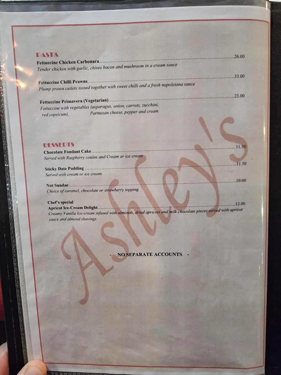 Menu, Ashley's Restaurant