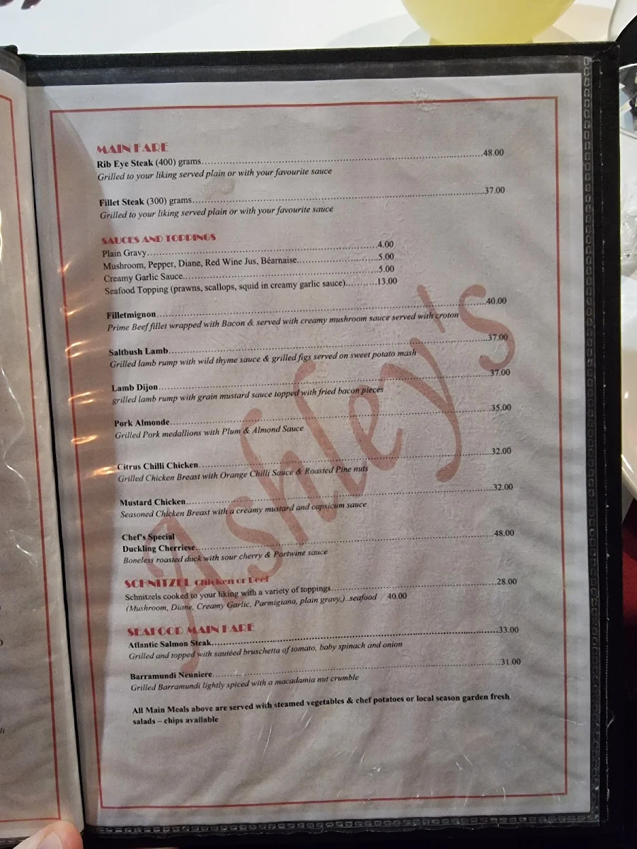 Menu, Ashley's Restaurant