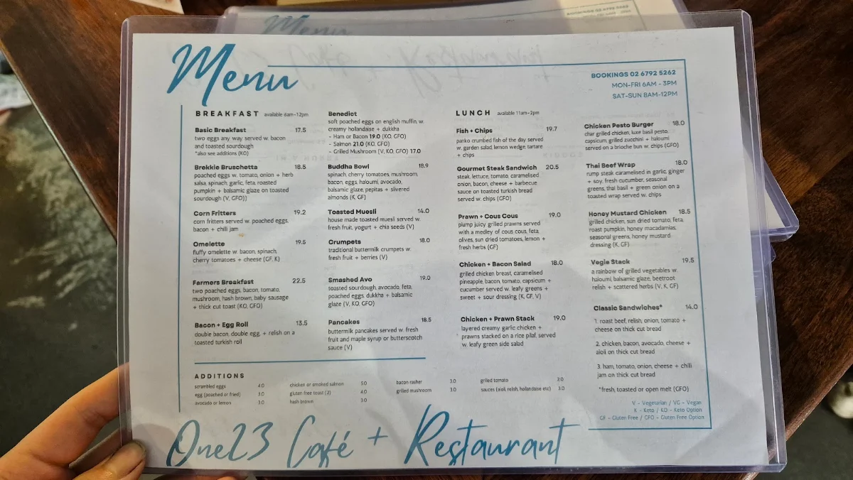 Menu, One 2 3 Cafe & Restaurant