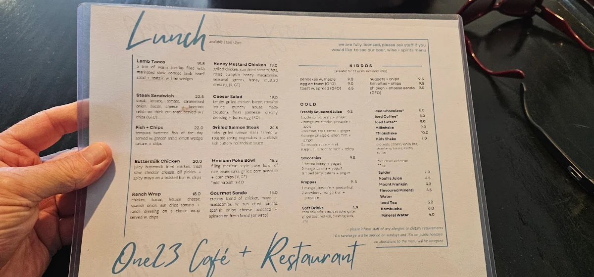 Menu, One 2 3 Cafe & Restaurant