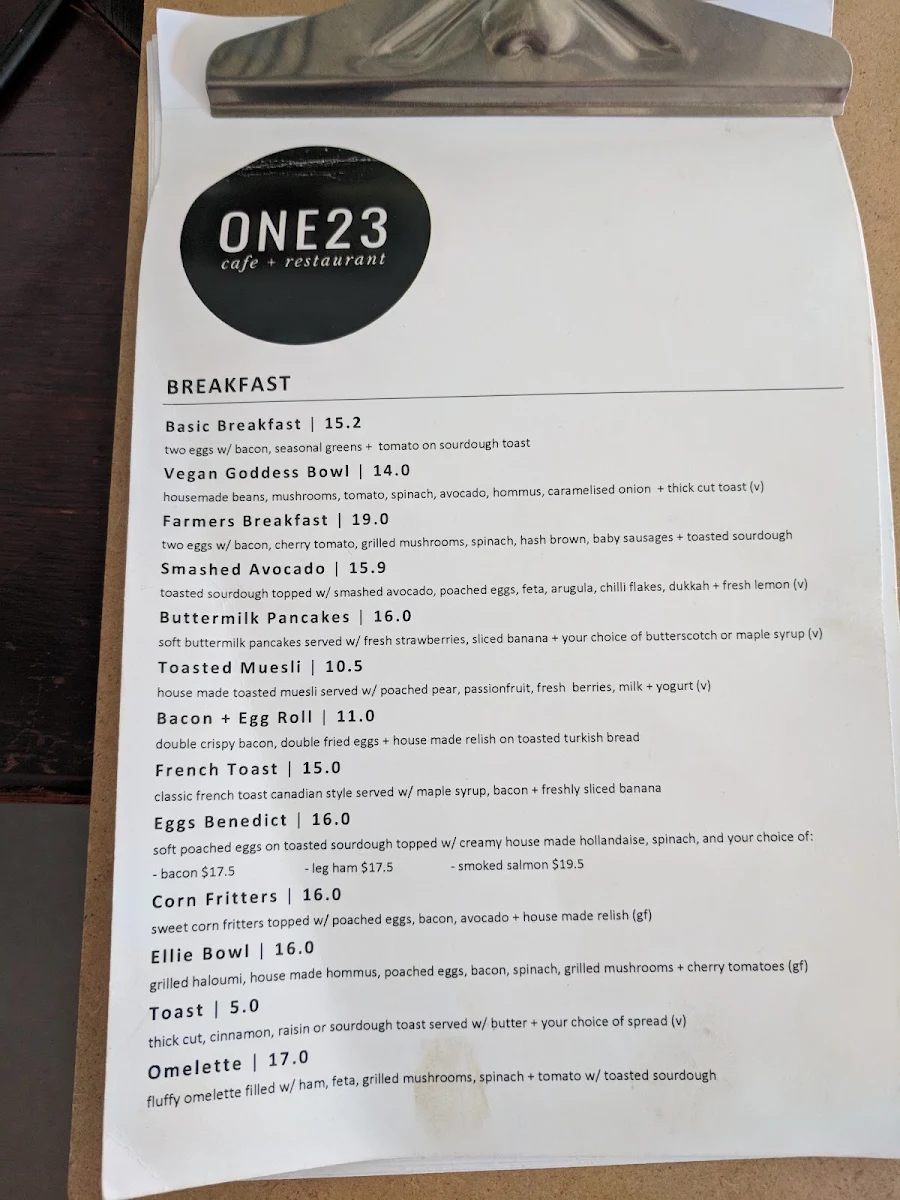 Menu, One 2 3 Cafe & Restaurant