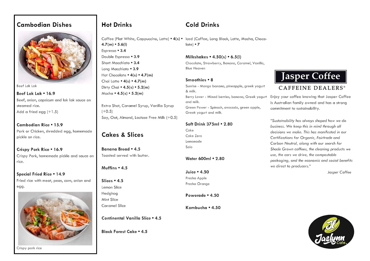 Menu, Jaslynn Café