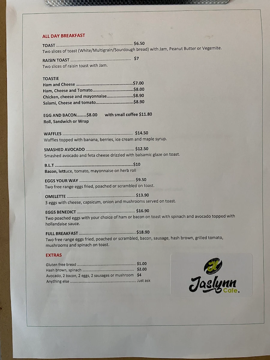 Menu, Jaslynn Café