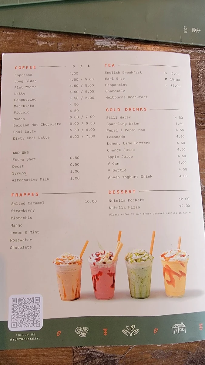 Menu, Yum Yum Bakery