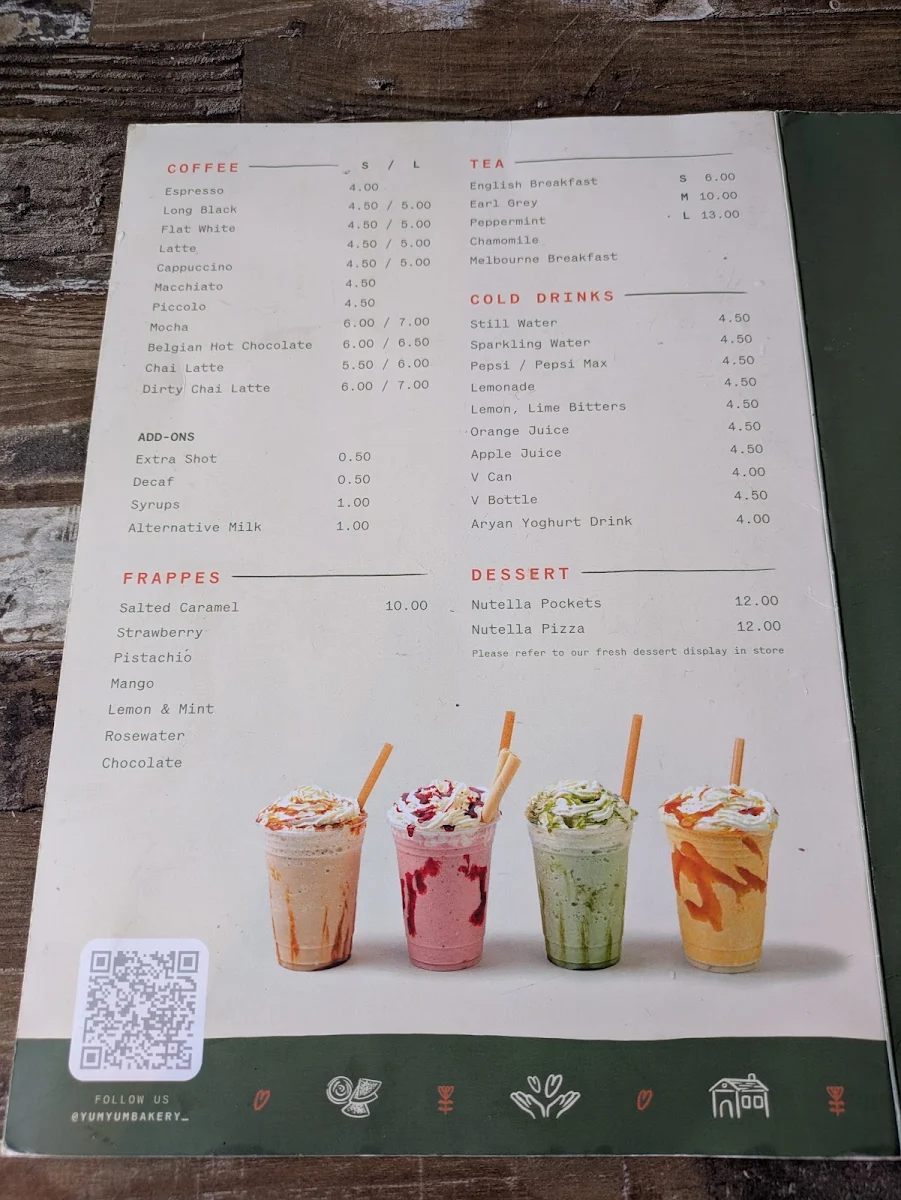 Menu, Yum Yum Bakery