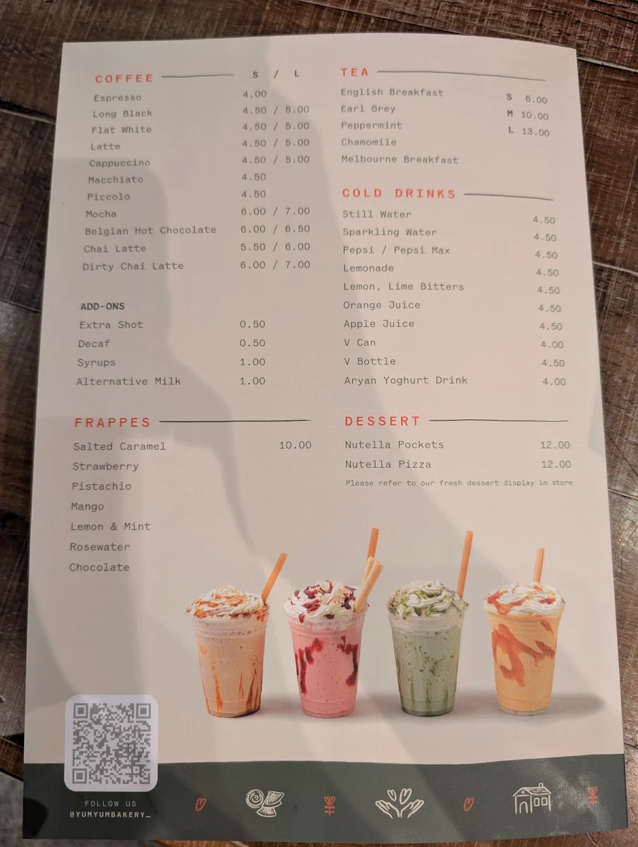 Menu, Yum Yum Bakery
