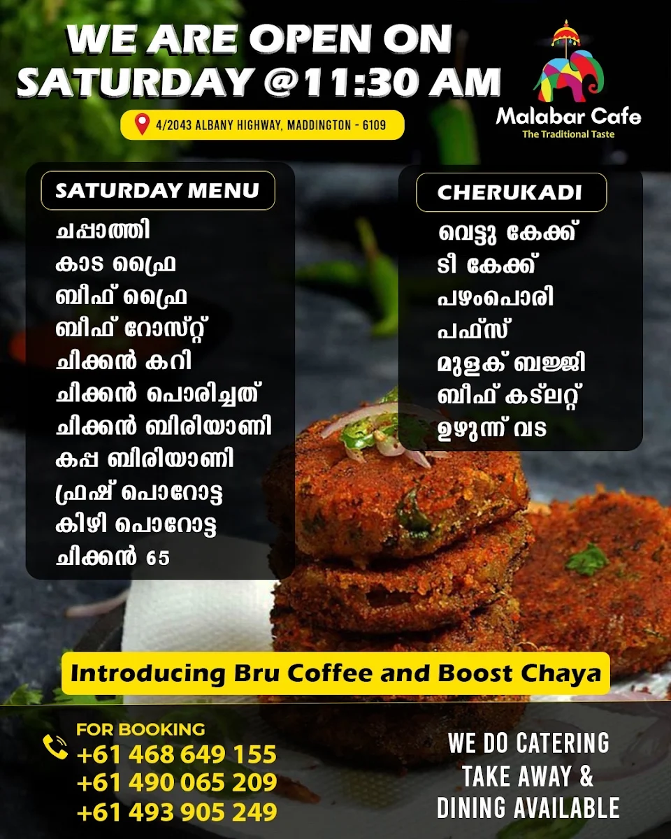 Menu, Malabar Cafe