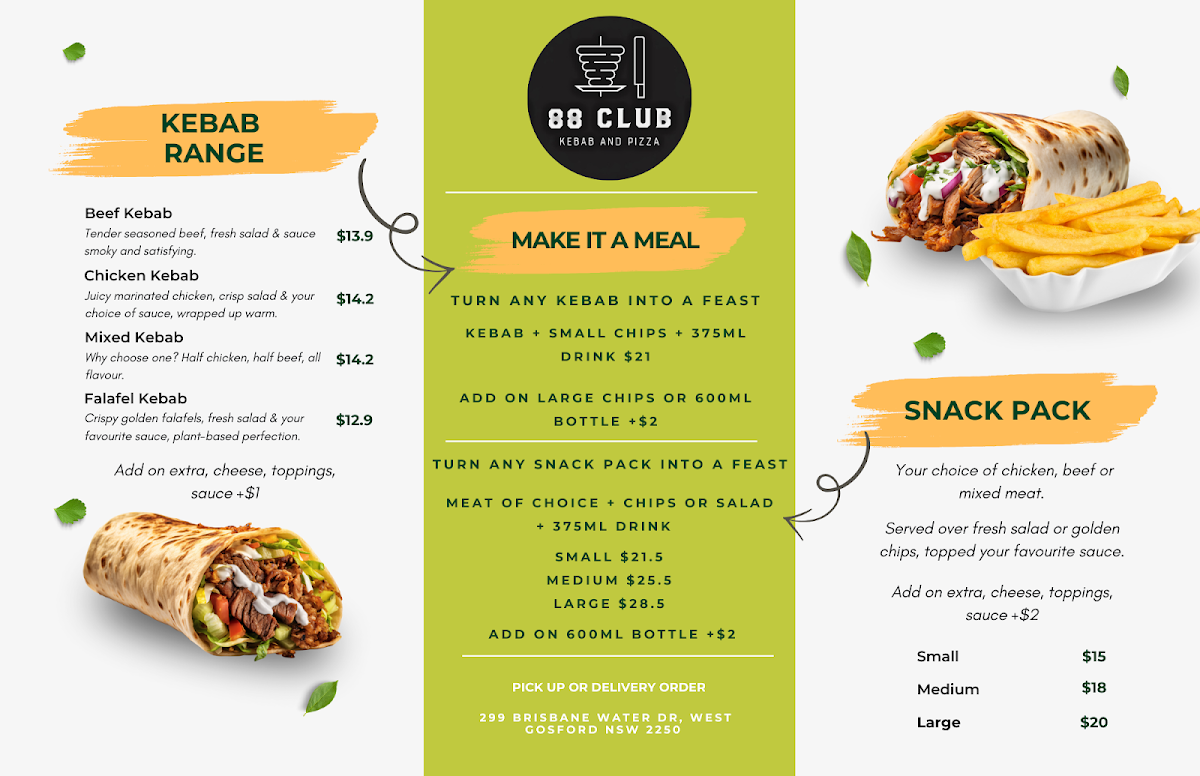Menu, Club 88 kebab & pizza