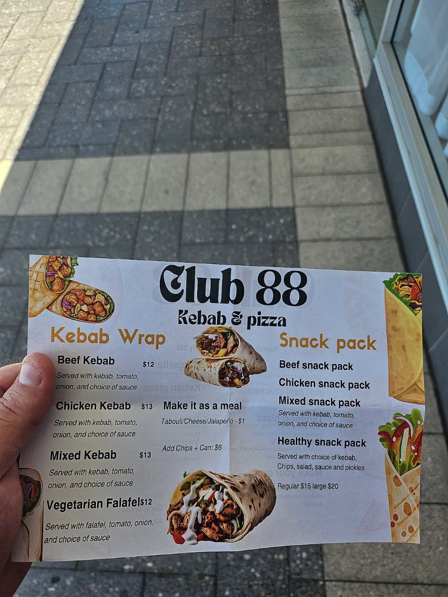 Menu, Club 88 kebab & pizza