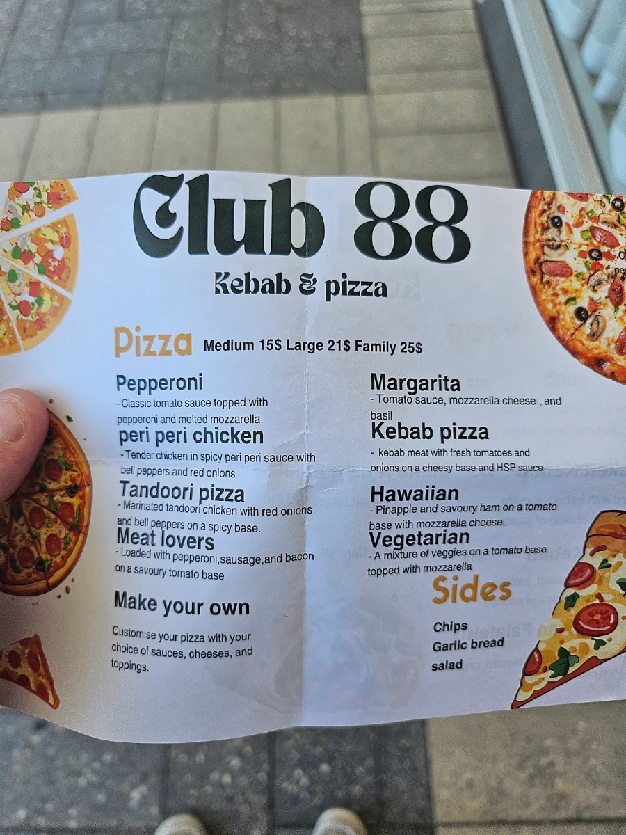 Menu, Club 88 kebab & pizza