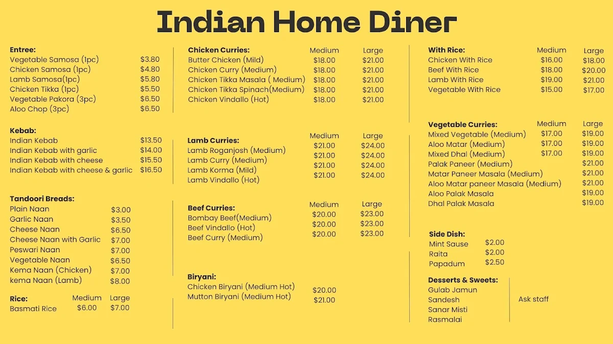 Menu, Indian Home Diner Wollongong