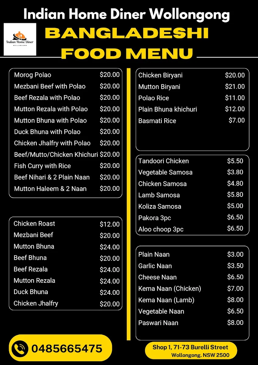 Menu, Indian Home Diner Wollongong
