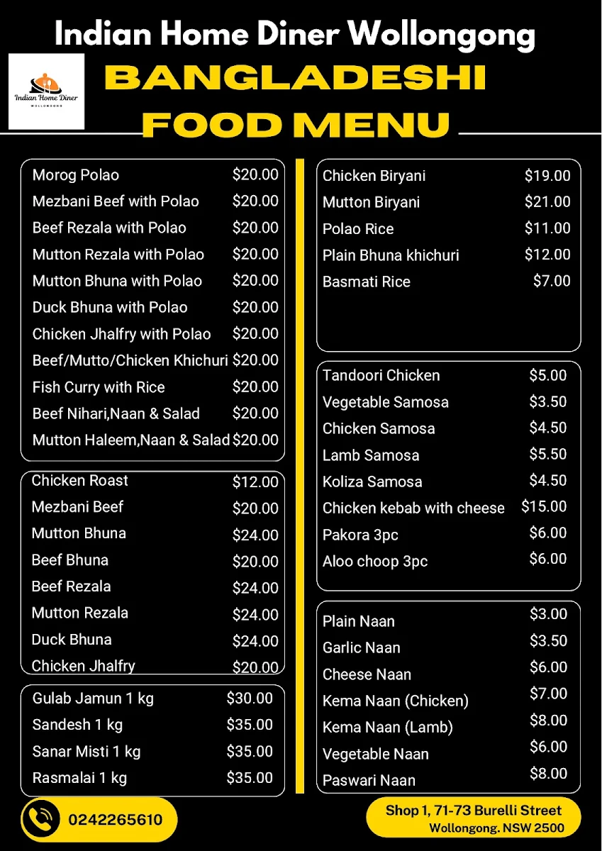 Menu, Indian Home Diner Wollongong