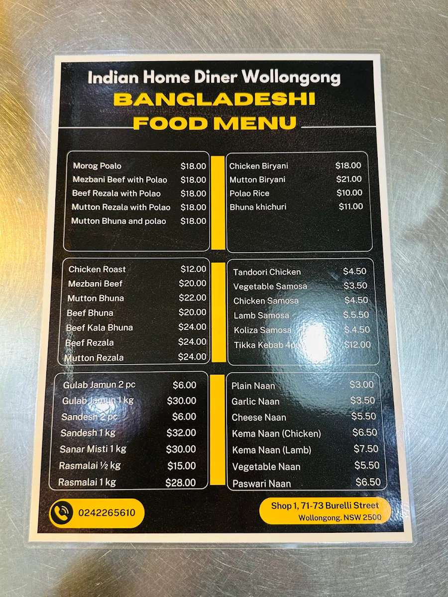 Menu, Indian Home Diner Wollongong
