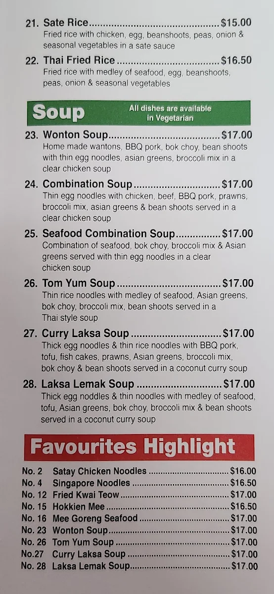 Menu, Ararat Noodle Bar