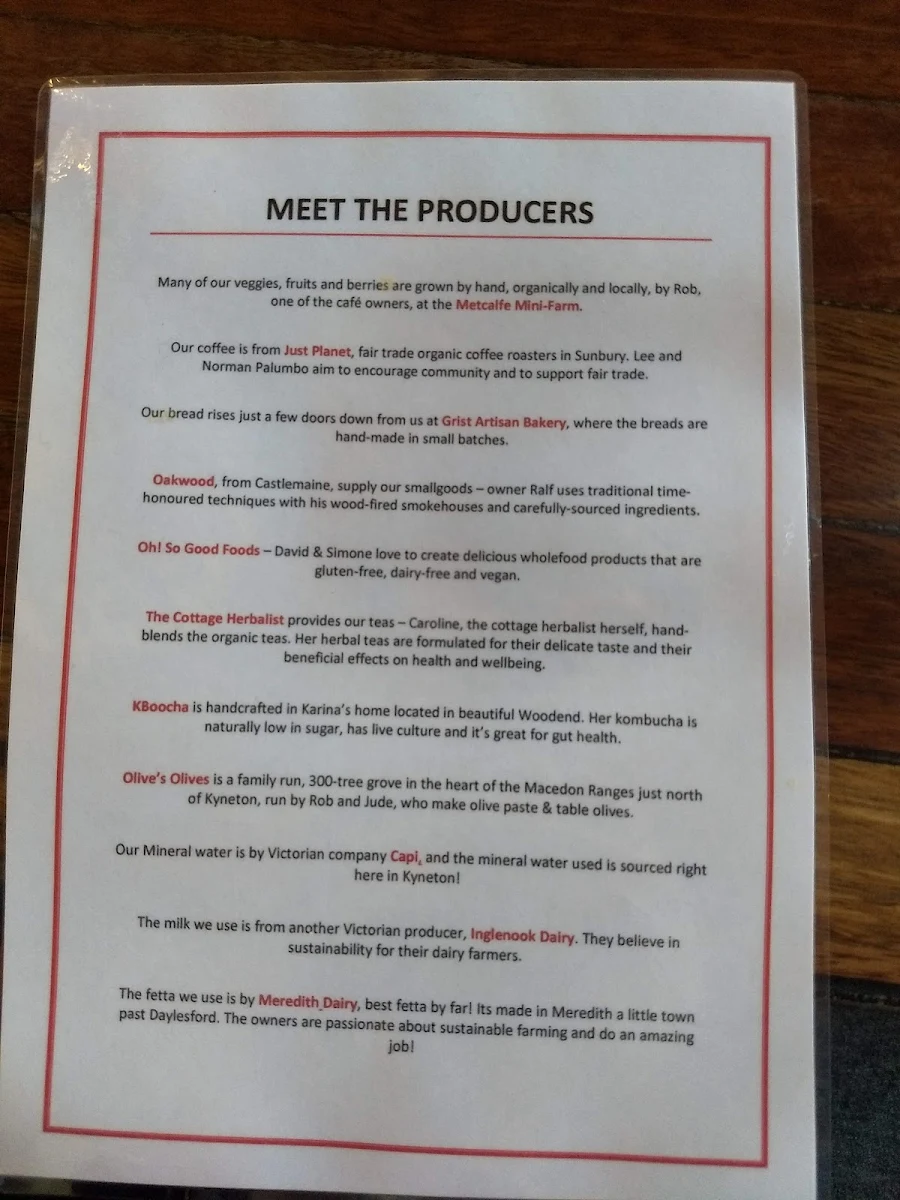 Menu, Home Grown on Piper Cafe