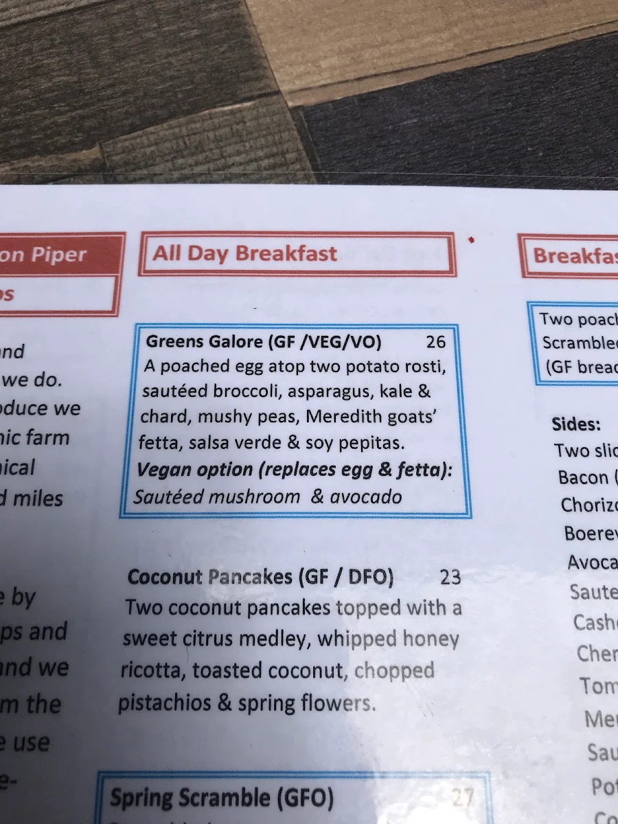 Menu, Home Grown on Piper Cafe