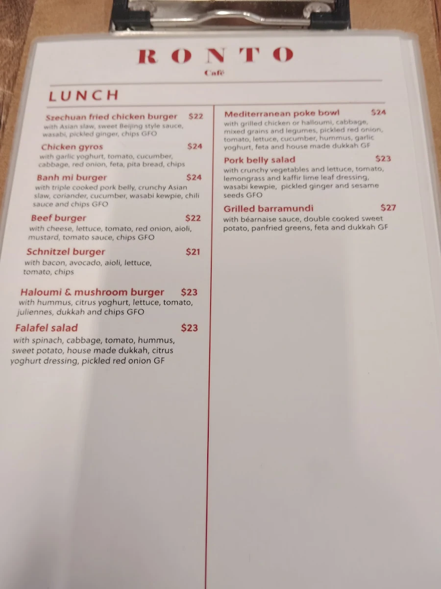Menu, Cafe RONTO