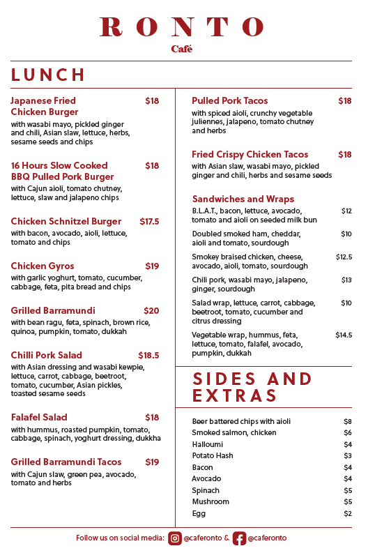 Menu, Cafe RONTO