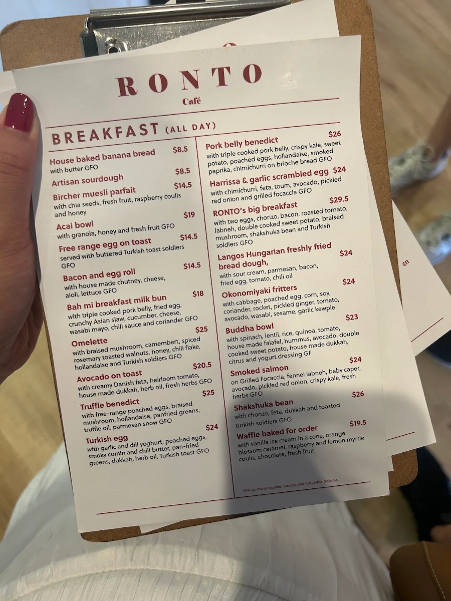 Menu, Cafe RONTO