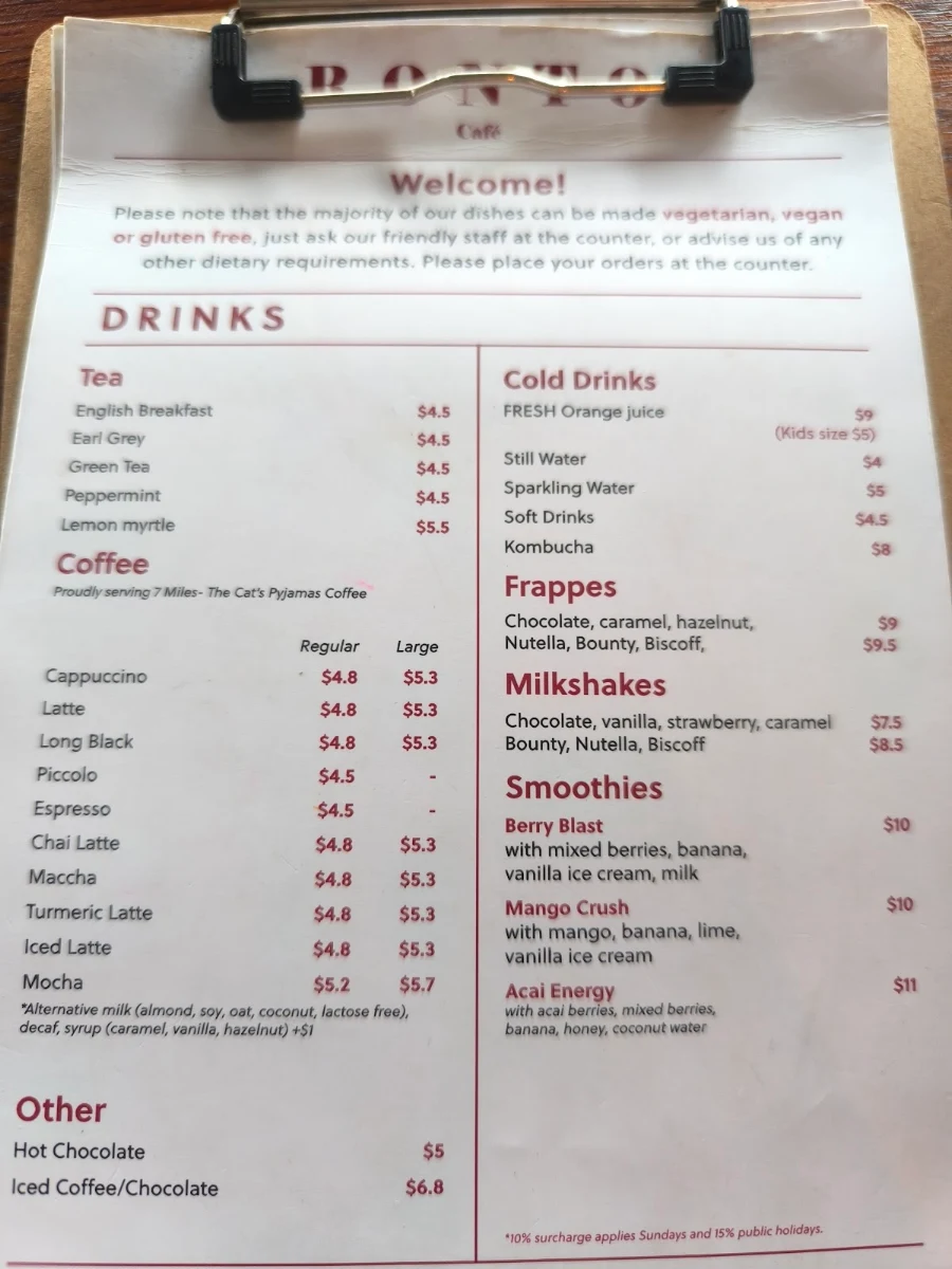 Menu, Cafe RONTO