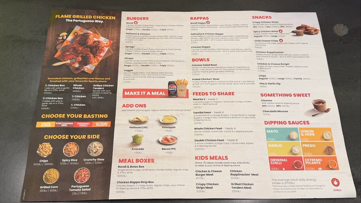 Menu, Oporto Melbourne Central