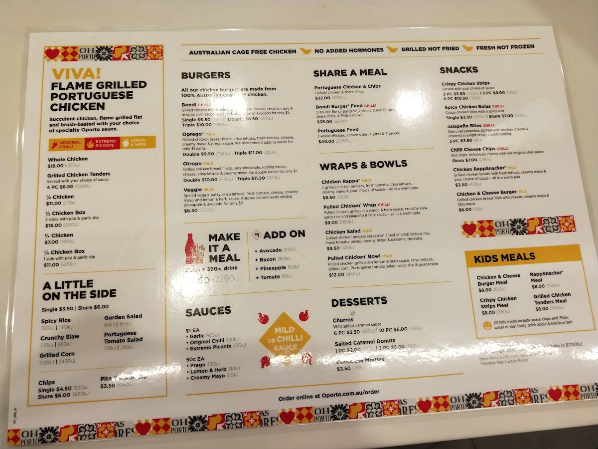 Menu, Oporto Melbourne Central