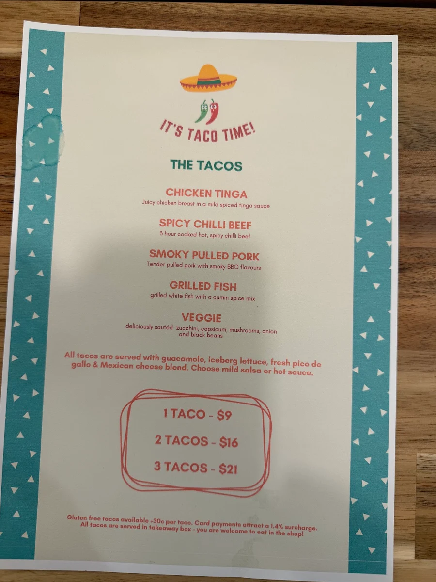 Menu, It's Taco Time Katoomba