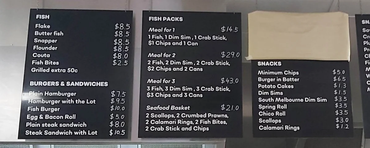 Menu, Strathfieldsaye fish and chips Takeaway