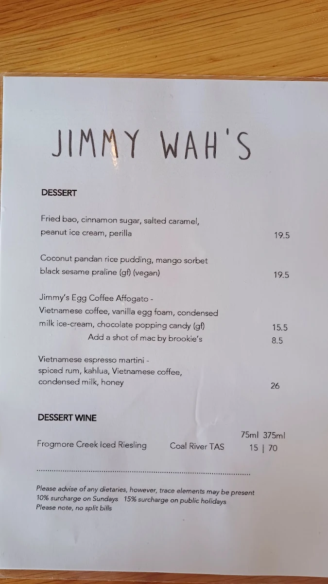 Menu, Jimmy Wah's