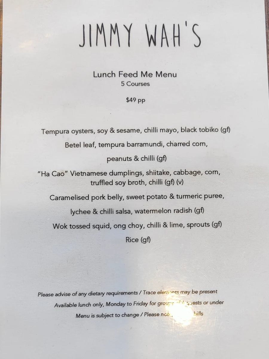Menu, Jimmy Wah's