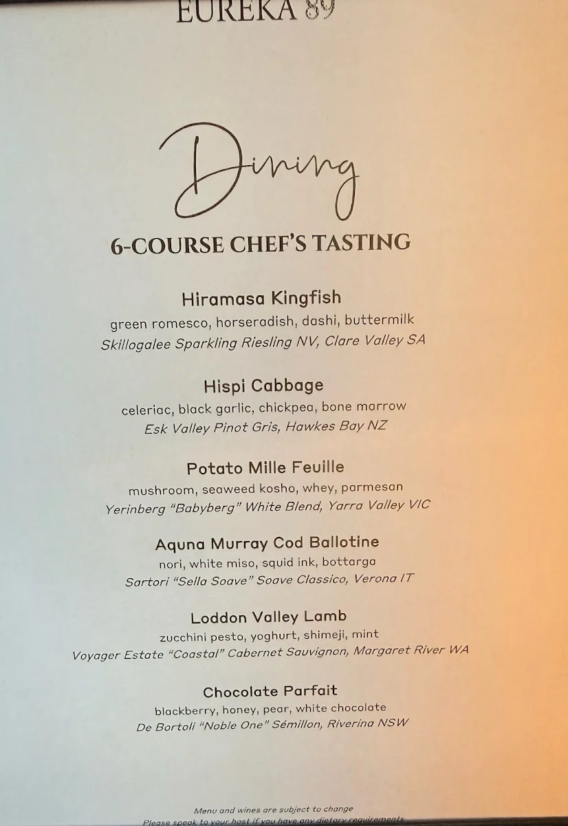 Menu, Eureka 89 - Dining & Events