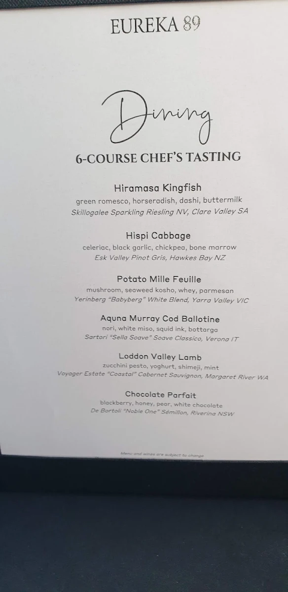 Menu, Eureka 89 - Dining & Events