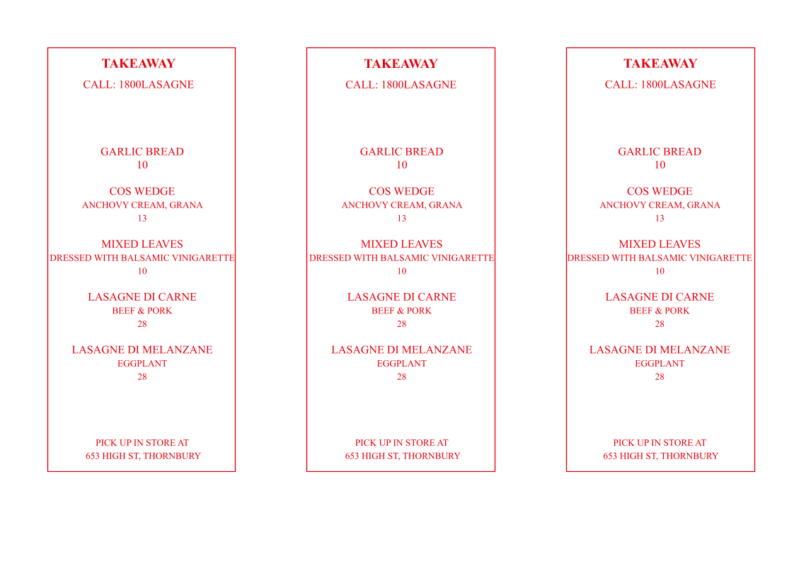 Menu, 1800 Lasagne