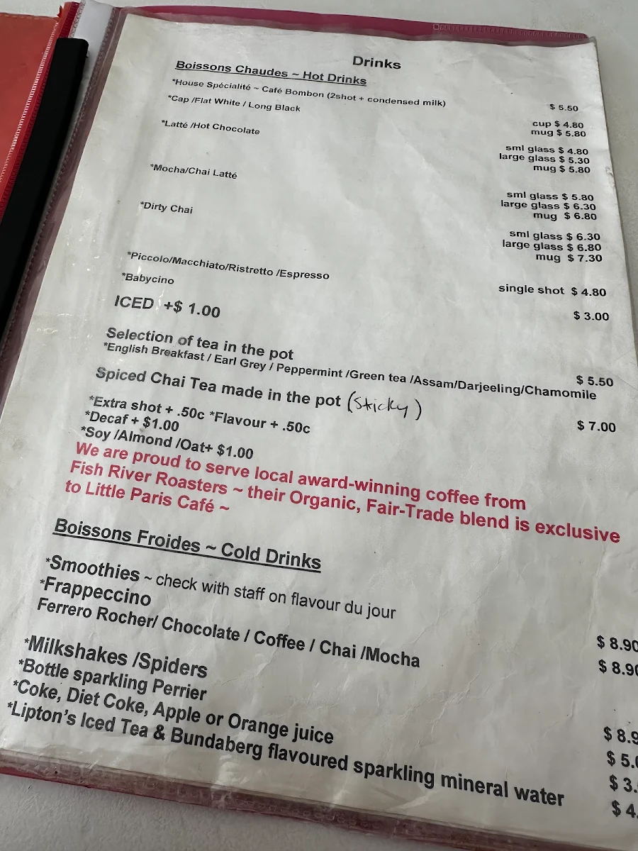 Menu, Little Paris Café