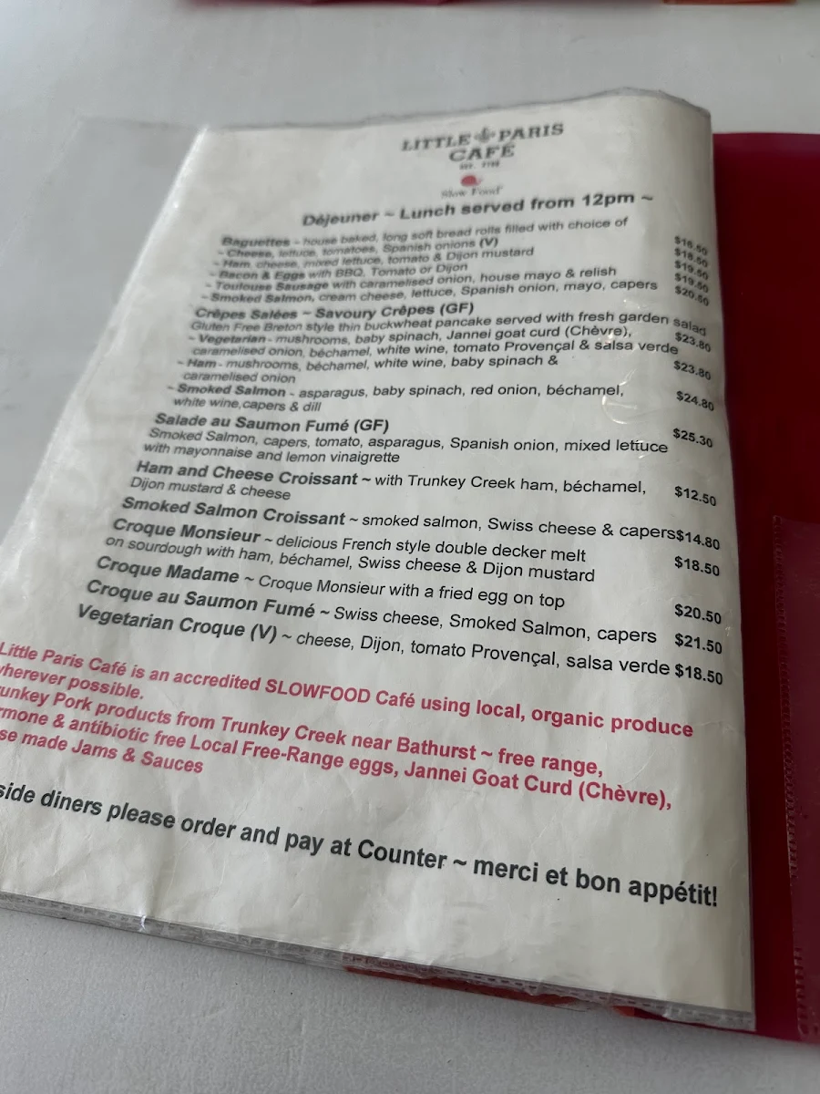 Menu, Little Paris Café