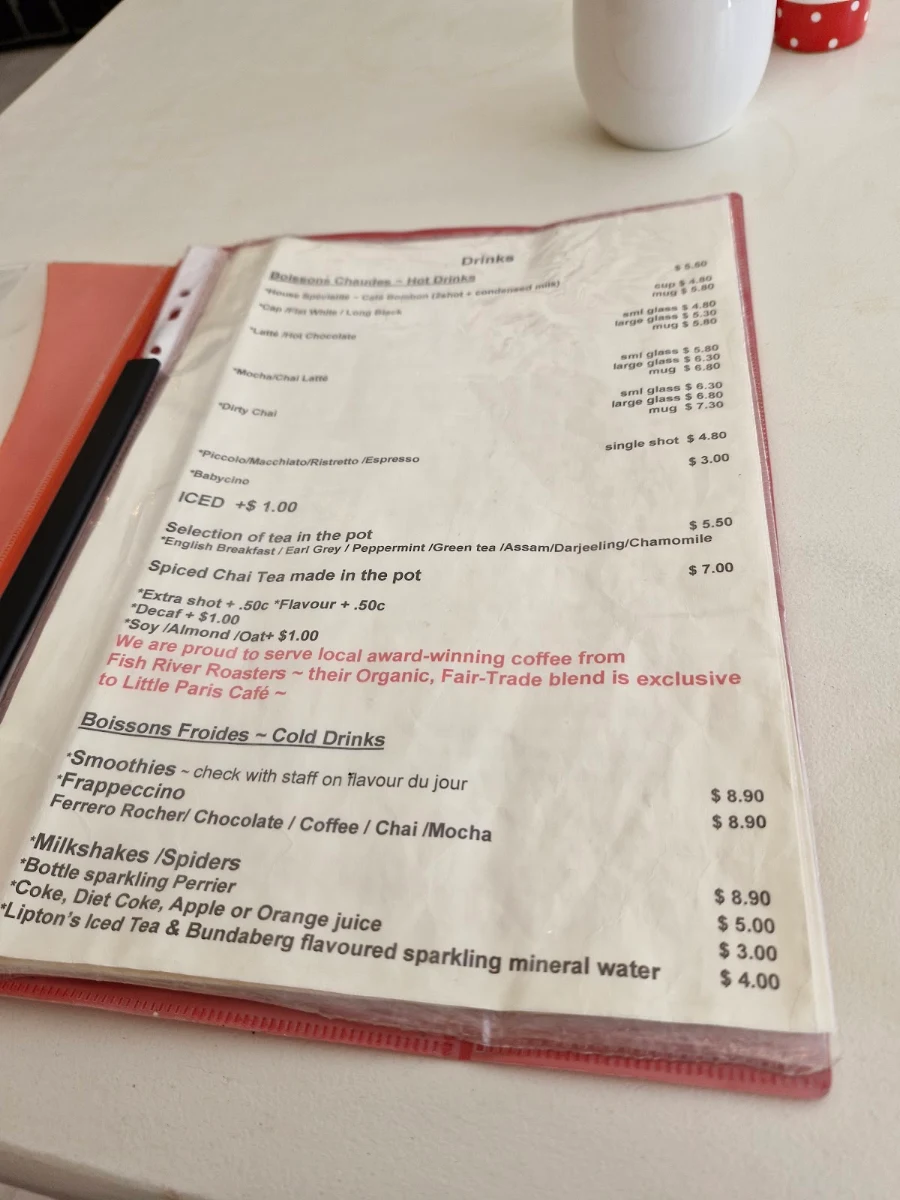 Menu, Little Paris Café