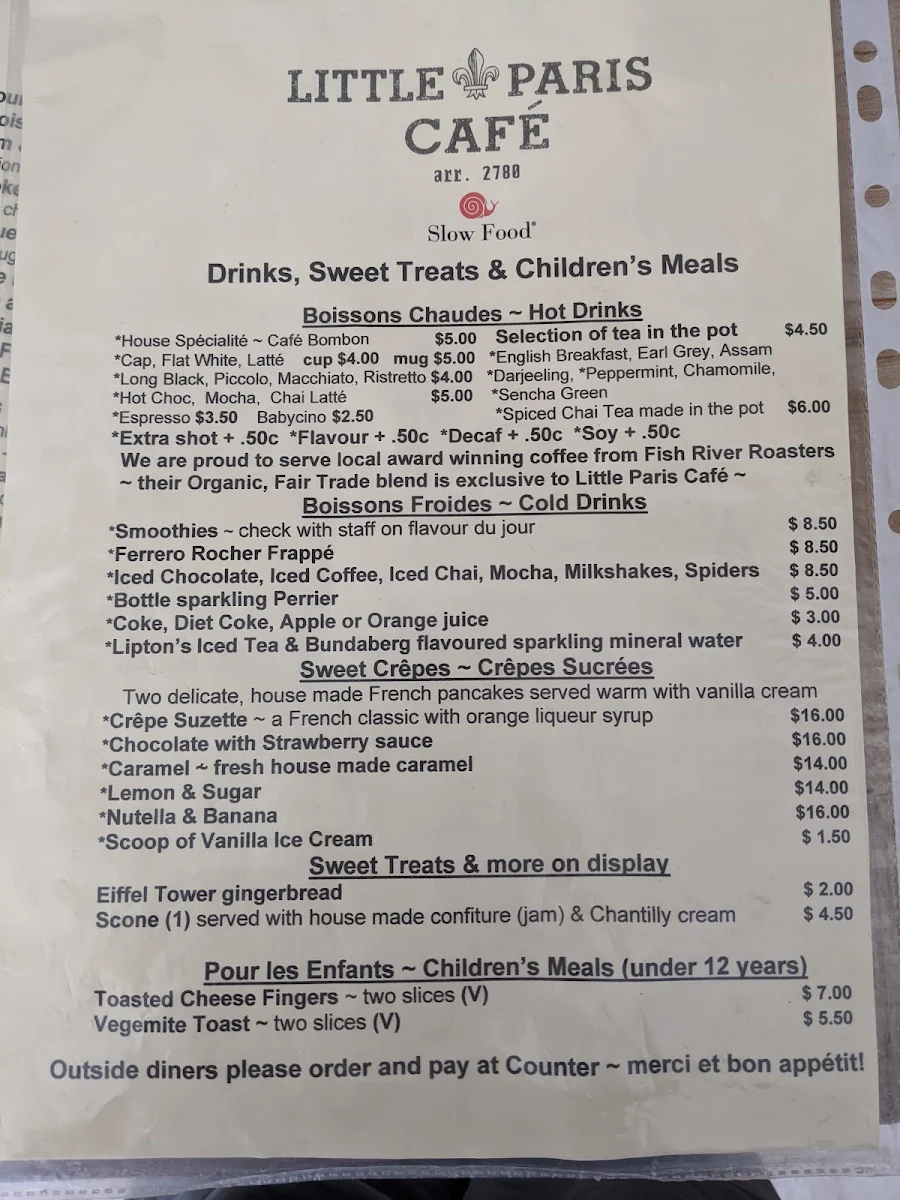Menu, Little Paris Café