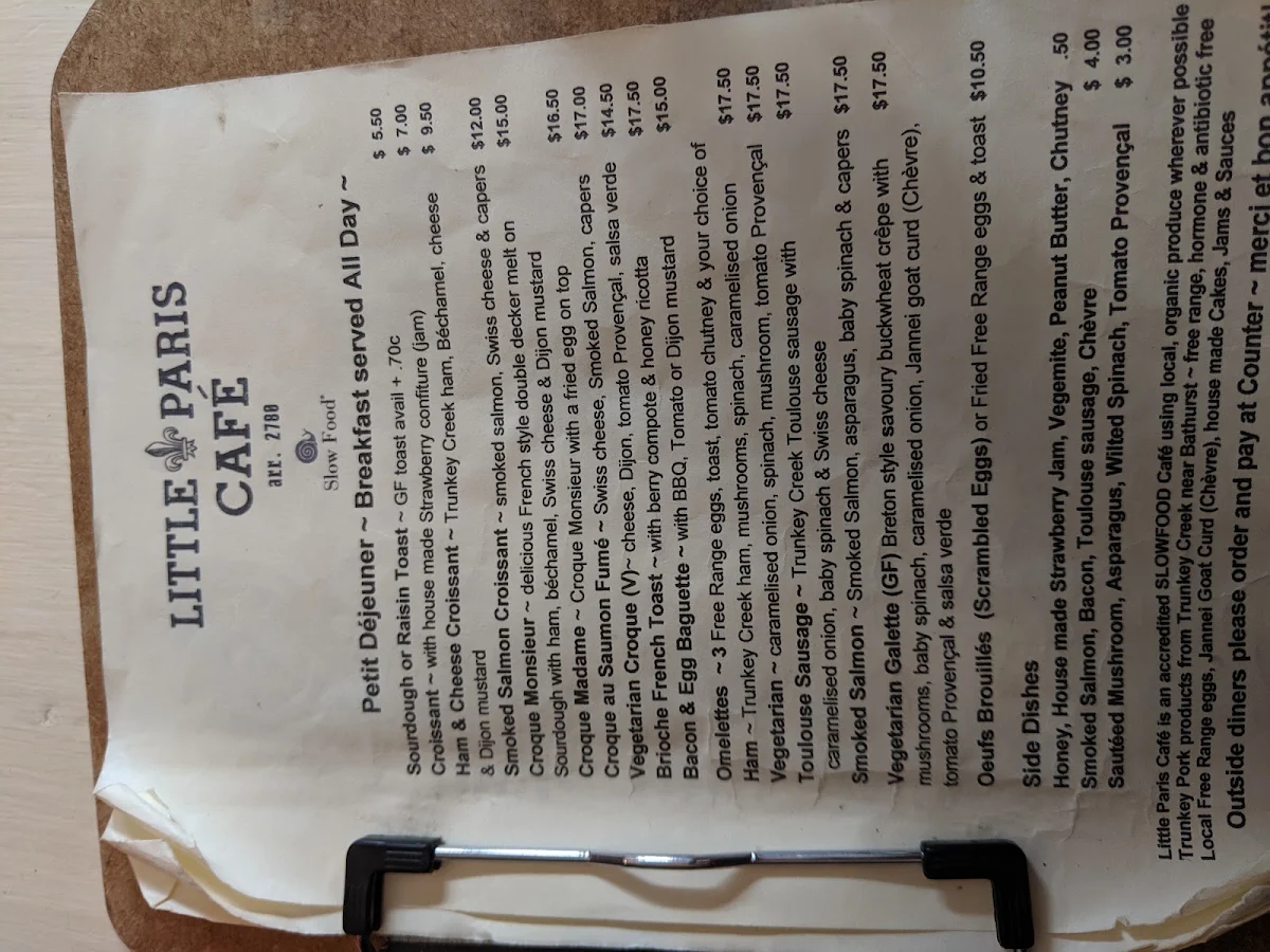 Menu, Little Paris Café