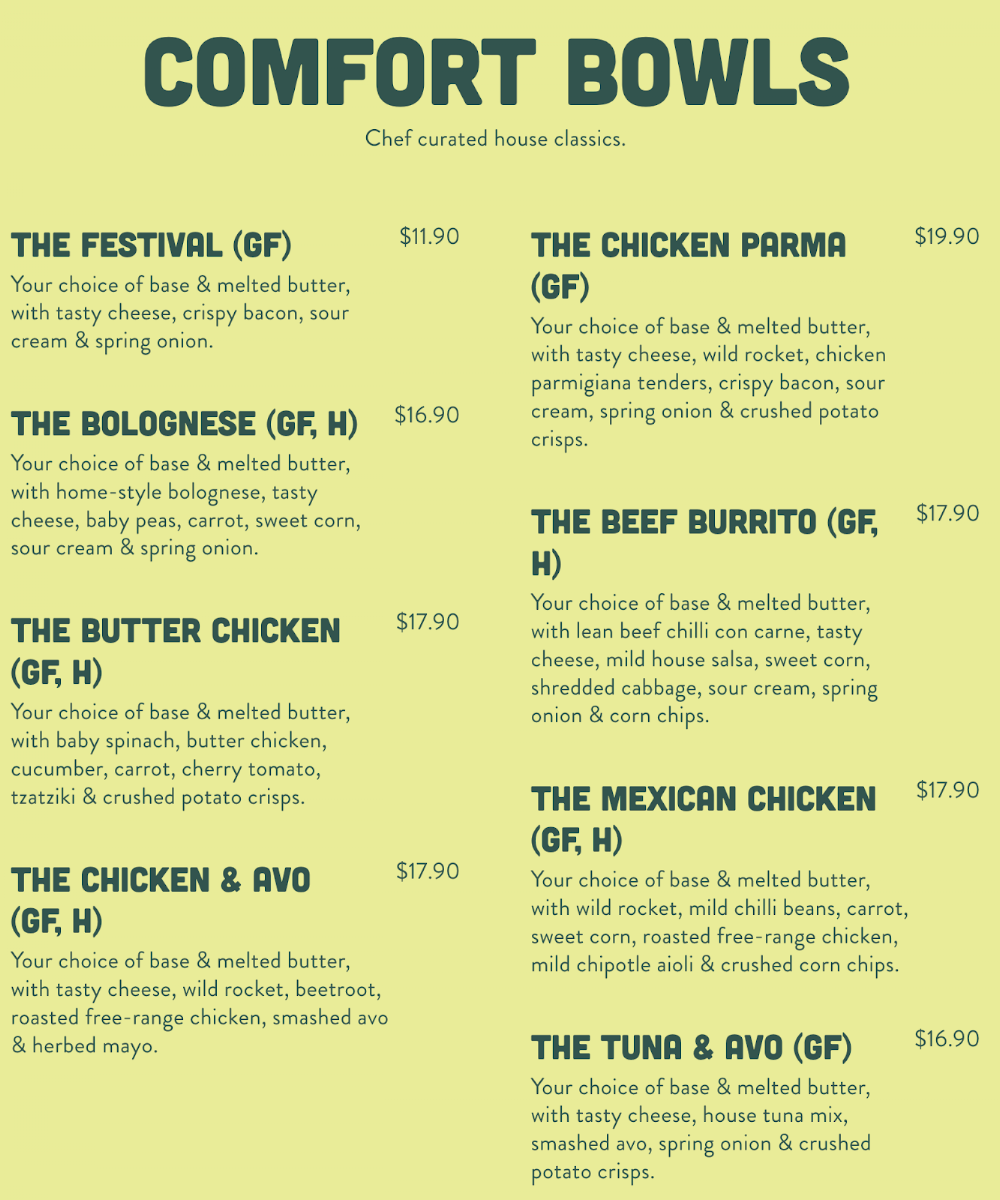 Menu, SpudBAR Belconnen