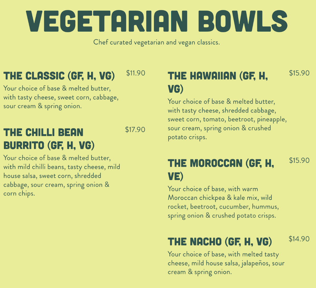 Menu, SpudBAR Belconnen