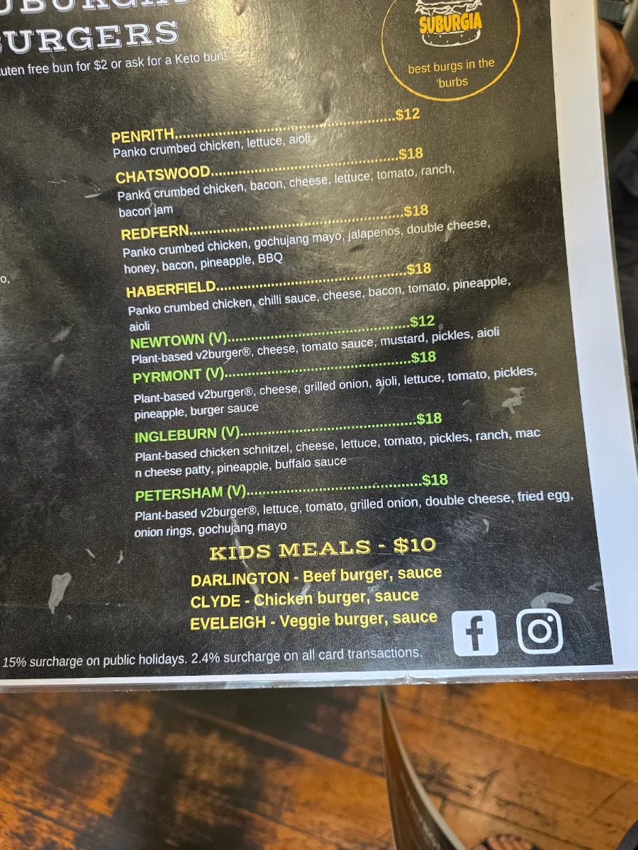 Menu, Suburgia Redfern