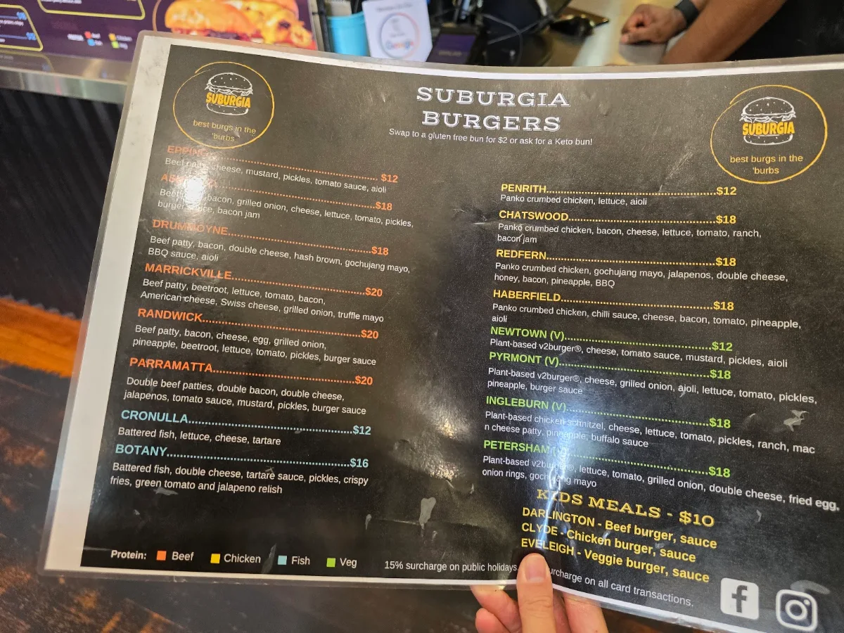 Menu, Suburgia Redfern