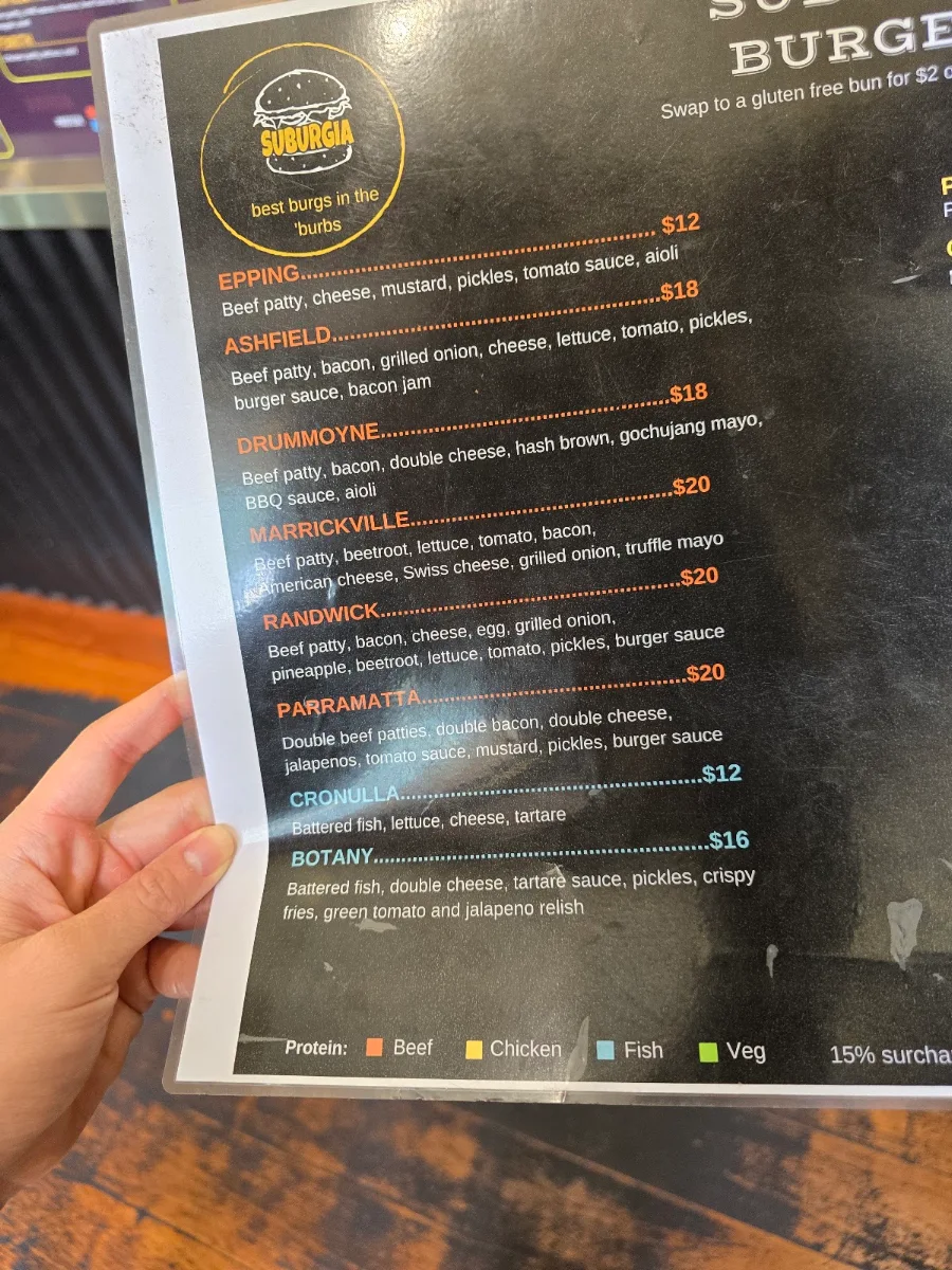 Menu, Suburgia Redfern