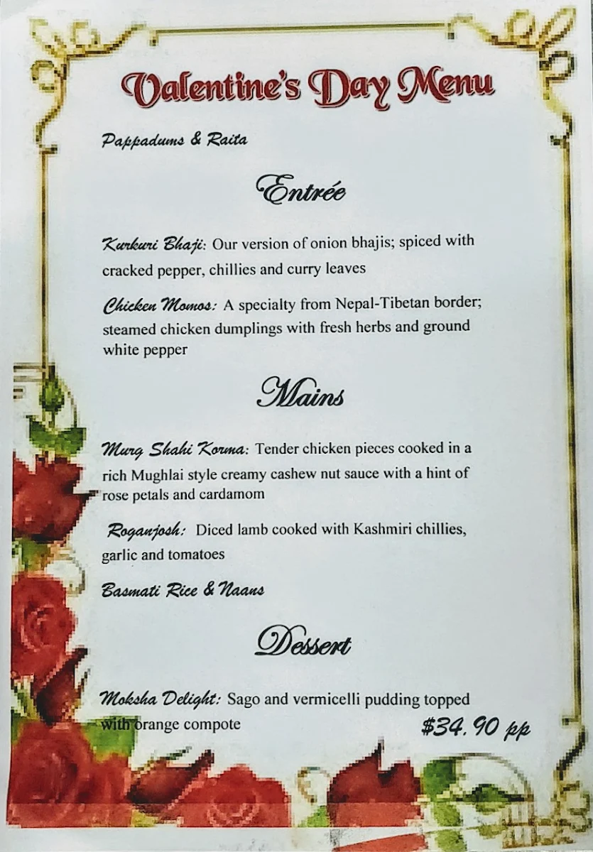 Menu, Moksha Indian Restaurant