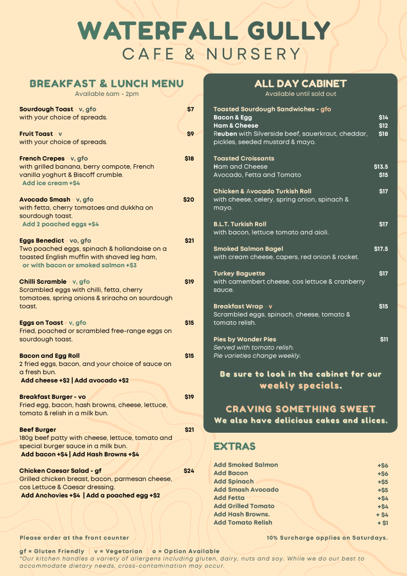Menu, Waterfall Gully Cafe and Nursery