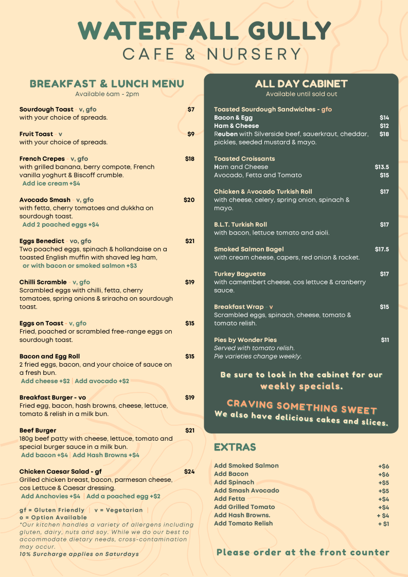 Menu, Waterfall Gully Cafe and Nursery