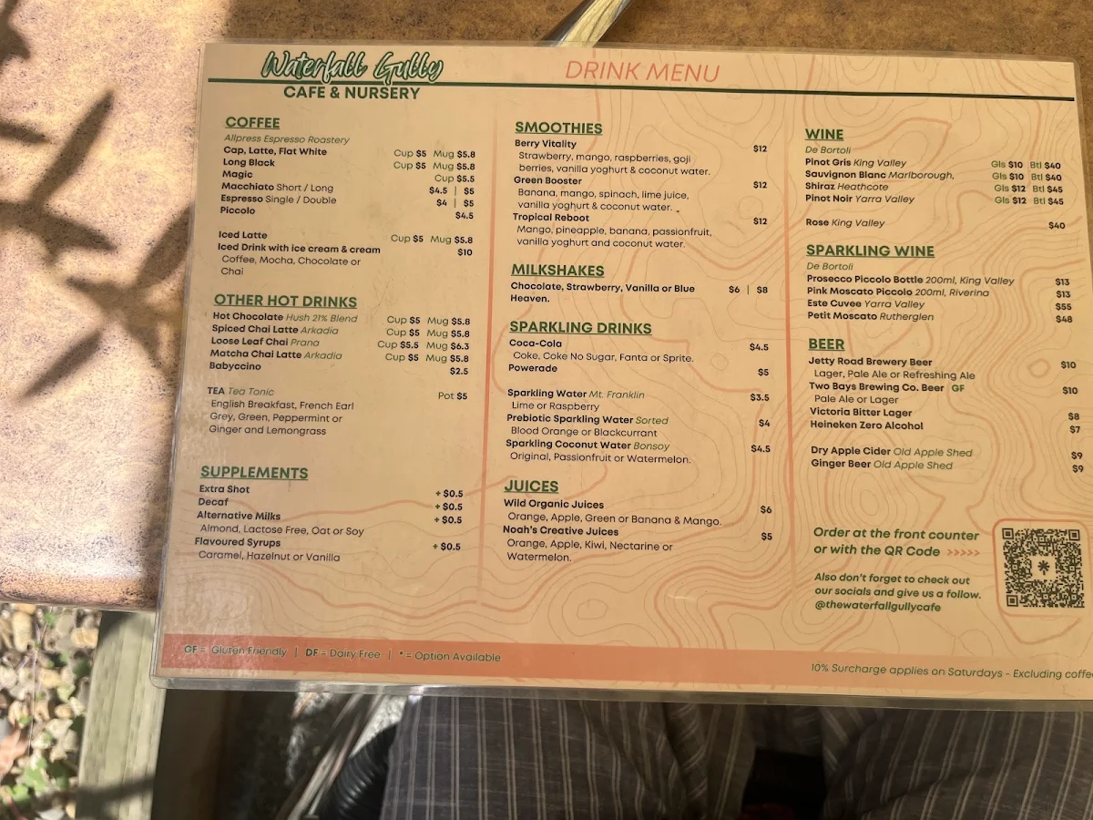 Menu, Waterfall Gully Cafe and Nursery