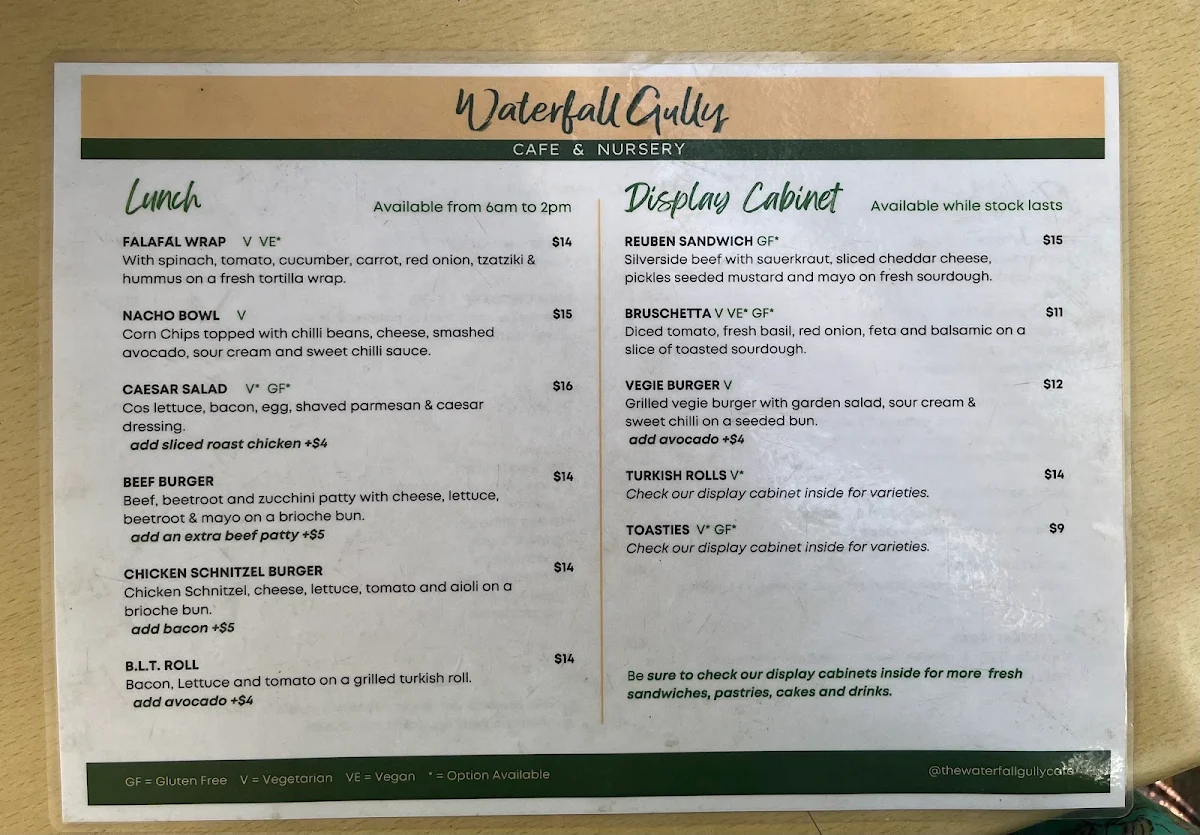 Menu, Waterfall Gully Cafe and Nursery