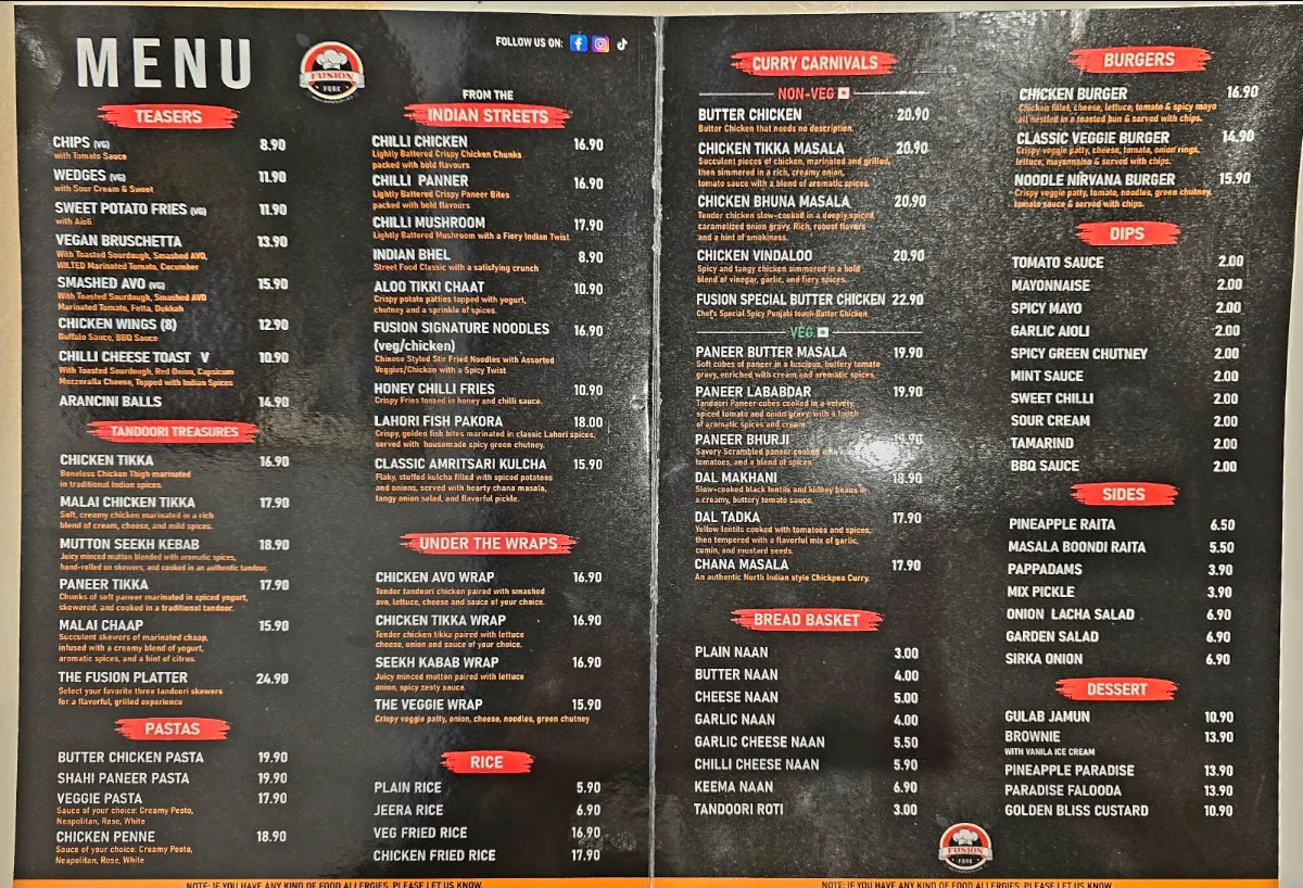 Menu, The Fusion Fork ( Indian Restaurant & Bar)